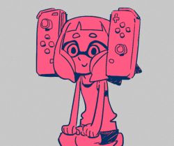Rule 34 | 1girl, alternate hairstyle, bad id, bad tumblr id, blunt bangs, closed mouth, controller, female focus, game controller, gamepad, grey background, hands on own knees, inkling, inkling girl, inkling player character, irima (doron), monochrome, nintendo, nintendo switch, seiza, short eyebrows, shorts, simple background, sitting, smile, solo, splatoon (series), splatoon 2, tank top, tentacle hair