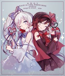 Rule 34 | 2girls, bad id, bad twitter id, commentary request, crescent rose, ecru, english text, korean commentary, magical girl, multiple girls, myrtenaster, one eye closed, ribbon, ruby rose, rwby, scar, scar across eye, scar on face, star-shaped pupils, star (symbol), symbol-shaped pupils, wand, weiss schnee