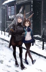 Rule 34 | 2girls, :d, ^ ^, amiya (arknights), animal ears, arknights, black gloves, black jacket, black legwear, blue jacket, blue neckwear, blue skirt, boots, brown hair, closed eyes, commentary request, full body, gloves, grey eyes, grin, had (had314), high heel boots, high heels, highres, jacket, long hair, miniskirt, multiple girls, open mouth, outdoors, pantyhose, rabbit ears, savage (arknights), shirt, silver hair, skirt, smile, snow, thigh boots, thighhighs, walking, white shirt