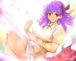 Rule 34 | 1girl, absurdres, bare legs, breasts, closed mouth, commentary request, dress, duralu500, fate/stay night, fate (series), feet out of frame, hair ribbon, heaven&#039;s feel, highres, knees up, large breasts, long hair, looking at viewer, matou sakura, puffy short sleeves, puffy sleeves, purple eyes, purple hair, red ribbon, ribbon, short sleeves, smile, solo, white dress