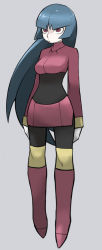 Rule 34 | 1girl, black pantyhose, blue hair, boots, breasts, creatures (company), full body, game freak, grey background, highres, long hair, long sleeves, medium breasts, nintendo, o3o, pale skin, pantyhose, pokemon, pokemon frlg, red eyes, sabrina (pokemon), simple background, solo, thigh boots, thighhighs, tirarizun, very long hair