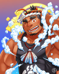 Rule 34 | 1boy, :d, ahoge, arm behind head, arm hair, arm up, armpits, bara, black hair, black tank top, blue background, blurry, blush, bubble, collarbone, commentary request, dark-skinned male, dark skin, depth of field, ei (marutendon), facial hair, gem, goatee, gradient background, hachimaki, halo, halo behind head, headband, highres, jewelry, large pectorals, long sideburns, looking at viewer, male focus, mature male, multicolored hair, muscular, muscular male, necklace, nipple slip, nipples, one eye closed, open mouth, orange hair, pearl (gemstone), pectorals, purple background, sarutahiko (housamo), shell, shell necklace, sideburns, signature, smile, tank top, thick eyebrows, tokyo houkago summoners, two-tone hair, undercut, upper body
