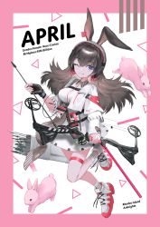 Rule 34 | 1girl, animal ears, april (arknights), arknights, arrow (projectile), bare legs, black gloves, black hair, border, bow (weapon), character name, commentary request, compound bow, copyright name, dress, fingerless gloves, full body, gloves, hair between eyes, highres, holding, holding bow (weapon), holding weapon, leg up, long hair, long sleeves, looking at viewer, makkuro, one eye closed, partial commentary, pink border, purple eyes, quiver, rabbit, rabbit ears, shoes, short dress, single glove, smile, sneakers, socks, solo, standing, tongue, tongue out, weapon, white background, white dress, white footwear, white socks