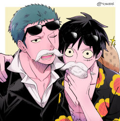 Rule 34 | 10nemuiyo, 2boys, absurdres, arm around shoulder, black eyes, black hair, black suit, eyewear on head, facial scar, fake beard, fake facial hair, fake mustache, floral print, formal, green hair, hat, hat on back, highres, looking at viewer, male focus, monkey d. luffy, multiple boys, one eye closed, one piece, open clothes, pectoral cleavage, pectorals, print shirt, roronoa zoro, scar, scar across eye, scar on cheek, scar on chest, scar on face, shirt, short hair, side-by-side, sideburns, simple background, straw hat, suit, sunflower print, sunglasses, upper body, yellow background