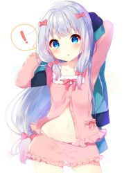 Rule 34 | !, 10s, 1girl, :o, bad id, bad pixiv id, blue eyes, blush, bow, bow panties, collarbone, eromanga sensei, hair bow, highres, izumi sagiri, long hair, long sleeves, looking at viewer, low-tied long hair, mafuyu (chibi21), md5 mismatch, navel, open mouth, panties, parted lips, pink bow, pink shirt, pink shorts, shirt, shorts, silver hair, simple background, solo, spoken exclamation mark, underwear, very long hair, white background, white panties