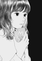 Rule 34 | 1girl, black background, cellphone, collared shirt, commentary request, fingernails, greyscale, hand up, holding, holding phone, long sleeves, looking afar, matayoshi, medium hair, monochrome, original, phone, shirt, simple background, smartphone, solo, wing collar