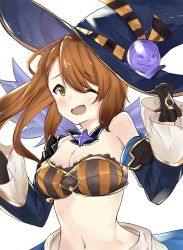 Rule 34 | 10s, 1girl, ;d, absurdres, bandeau, bare shoulders, beatrix (granblue fantasy), black gloves, blue hat, blush, breasts, brown hair, cleavage, detached sleeves, eyebrows, gloves, granblue fantasy, green eyes, hair between eyes, halloween, halloween costume, hand on headwear, hat, highres, jack-o&#039;-lantern, long hair, long sleeves, medium breasts, navel, nemun (tamizzz), one eye closed, open mouth, simple background, smile, solo, striped, upper body, white background, wide sleeves, witch hat