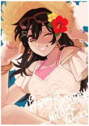 Rule 34 | 10s, 1girl, azolitmin, black hair, bracelet, character name, dated, earrings, english text, eyewear on head, happy birthday, hat, jewelry, looking at viewer, love live!, love live! school idol project, one eye closed, red eyes, smile, solo, yazawa nico