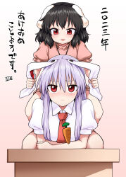 Rule 34 | 2girls, :d, animal ears, black hair, commentary request, highres, human stacking, inaba tewi, itou yuuji, long hair, medium hair, multiple girls, necktie, nengajou, new year, open mouth, puffy sleeves, purple hair, rabbit ears, rabbit girl, red eyes, reisen udongein inaba, sitting, sitting on person, smile, touhou, translation request