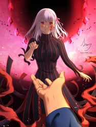 Rule 34 | 1girl, artist name, bad id, bad pixiv id, blush, breasts, commentary request, dark persona, dark sakura, dress, emiya shirou, fate/stay night, fate (series), hair ribbon, hand up, heaven&#039;s feel, highres, hongye (littlemomiji), large breasts, long hair, long sleeves, looking at viewer, matou sakura, moon, parted lips, pov, purple hair, red eyes, red moon, ribbon, signature, solo focus, striped clothes, striped dress, vertical-striped clothes, vertical-striped dress