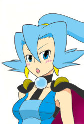 Rule 34 | 1girl, :o, bare arms, black sugar, blue eyes, blue hair, blush, breasts, cape, clair (pokemon), creatures (company), earrings, female focus, game freak, gem, gym leader, hair between eyes, high ponytail, jewelry, long hair, medium breasts, nintendo, open mouth, pearl (gemstone), pokemon, pokemon hgss, ponytail, simple background, solo, upper body, white background