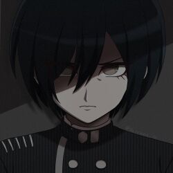 Rule 34 | 1boy, artist name, black hair, black jacket, brown eyes, buttons, closed mouth, danganronpa (series), danganronpa v3: killing harmony, double-breasted, highres, jacket, looking at viewer, male focus, portrait, saihara shuichi, short hair, striped clothes, striped jacket, suiren yurei