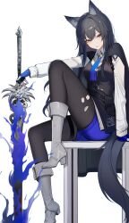 Rule 34 | 1girl, absurdres, animal ears, arknights, ateoyh, black cape, black hair, black pantyhose, black vest, blue gloves, blue shorts, boots, cape, commentary request, fingerless gloves, foot out of frame, gloves, grey footwear, high heel boots, high heels, highres, knee up, long hair, long sleeves, looking at viewer, orange eyes, pantyhose, shirt, short shorts, shorts, simple background, sitting, solo, sword, tail, texas (arknights), texas the omertosa (arknights), torn clothes, torn pantyhose, very long hair, vest, weapon, white background, white shirt, wolf ears, wolf tail
