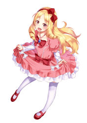 Rule 34 | 1girl, :d, blonde hair, blush, bow, bow hairband, brown eyes, dress, drill hair, eromanga sensei, floating hair, full body, hair bow, hairband, huyumitsu, layered sleeves, long hair, long sleeves, mary janes, open mouth, pink dress, red bow, red footwear, red hairband, shoes, short over long sleeves, short sleeves, simple background, skirt hold, smile, solo, standing, thighhighs, twin drills, very long hair, white background, white bow, white thighhighs, yamada elf, zettai ryouiki