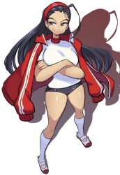 1girl black_hair breasts buruma capcom crossed_arms forehead grey_eyes hairband highres iinchou_(justice_gakuen) jacket jacket_on_shoulders justice_gakuen large_breasts legs long_hair looking_at_viewer open_clothes open_jacket shirt smile solo thick_thighs thighs