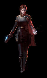 Rule 34 | 1girl, black background, black footwear, black jacket, black pants, boots, braid, braided ponytail, brown eyes, brown hair, cape, closed mouth, glowing, glowing eye, gun, highres, holding, holding gun, holding weapon, imperium of man, inquisition (warhammer), jacket, lips, long hair, long sleeves, military, military uniform, pants, plasma pistol, psyker, red cape, simple background, solo, standing, twotimesthedime, uniform, warhammer 40k, weapon