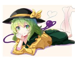 Rule 34 | 1girl, barefoot, black hat, blush, bow, closed mouth, falken (yutozin), full body, green eyes, green hair, green skirt, hand on own chin, hat, hat bow, heart, komeiji koishi, looking at viewer, lying, on back, on stomach, skirt, smile, solo, the pose, third eye, touhou, yellow bow