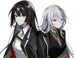Rule 34 | 2girls, alternate hair length, alternate hairstyle, black hair, black jacket, collared shirt, faust (project moon), formal, grey eyes, highres, jacket, limbus company, long hair, looking at viewer, mu46016419, multiple girls, open clothes, open jacket, project moon, red eyes, ryoshu (project moon), shirt, simple background, suit, sweater, sweater under jacket, turtleneck, turtleneck sweater, white background, white hair, white shirt