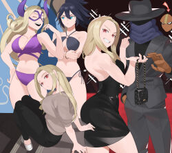 Rule 34 | 2girls, :/, absurdres, arms under breasts, ass, bag, bare arms, bare shoulders, bikini, black bikini, black dress, black hair, black pants, black shirt, blonde hair, blue eyes, blue scarf, boku no hero academia, bracelet, breasts, brown sweater, cleavage, closed eyes, collarbone, dress, drill hair, formal, grey headwear, grey jacket, grey pants, grey suit, grin, hair between eyes, hand in pocket, hand on another&#039;s shoulder, hand on own hip, handbag, highres, holding, holding bag, jacket, jewelry, koyap, large breasts, long hair, looking at another, looking at viewer, midnight (boku no hero academia), mount lady, multiple girls, multiple views, navel, o-ring, o-ring bikini, pants, purple bikini, scarf, shirt, sitting, smile, stomach, strapless, strapless dress, suit, sweater, swimsuit, thighs, toned