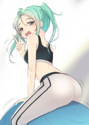 Rule 34 | 1girl, aqua eyes, aqua hair, arm support, ass, bare arms, bare shoulders, blush, breasts, commentary request, crop top, fang, from behind, hand up, highres, jungki dr, long hair, looking at viewer, looking back, medium breasts, open mouth, original, parted bangs, simple background, sitting, smile, solo, sports bra, sweat, sweatdrop, tank top, twintails, w