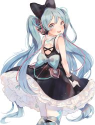 Rule 34 | 1girl, argyle, argyle clothes, argyle legwear, arms at sides, bare arms, bare back, bare shoulders, black dress, black ribbon, blue eyes, blue hair, blue ribbon, blush, dress, frilled dress, frills, gloves, hair ribbon, hanako151, happy, hatsune miku, headphones, long hair, looking at viewer, looking back, magical mirai (vocaloid), magical mirai miku, magical mirai miku (2016), pantyhose, ribbon, simple background, smile, solo, standing, teeth, twintails, upper body, upper teeth only, very long hair, vocaloid, white background, white gloves, white pantyhose