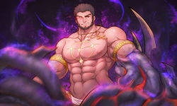 Rule 34 | 1boy, abs, armlet, avenger (dungeon and fighter), bara, beard, brown hair, chest tattoo, cross, cross necklace, dungeon and fighter, eye trail, facial hair, glowing, glowing eye, gold, highres, jewelry, kulolin, large pectorals, light trail, loincloth, male focus, male priest (dungeon and fighter), mature male, monster boy, monsterification, muscular, muscular male, navel, necklace, nipples, octopus boy, paid reward available, pectorals, priest, priest (dungeon and fighter), red eyes, short hair, solo, stomach, tattoo, tentacle hands, tentacles, topless male, veins