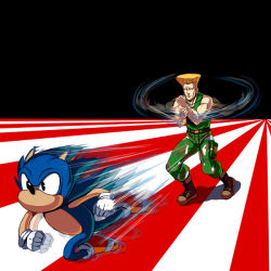 Rule 34 | 2boys, belt, blonde hair, boots, camouflage, capcom, crossover, flattop, furry, furry male, gloves, guile, kouno (masao), multiple boys, name connection, no mouth, object namesake, pun, sega, simple background, sonic (series), sonic the hedgehog, speed lines, street fighter, too literal