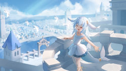 Rule 34 | 1girl, :d, ^ ^, ancient greek clothes, balcony, bare arms, bird, blue hair, blue sky, bracelet, cityscape, closed eyes, cloud, commentary, day, dress, english commentary, facing viewer, fins, fish tail, frilled dress, frills, gawr gura, gawr gura (party dress), greco-roman clothes, happy, highres, hirotaka0125, hololive, hololive english, jewelry, long hair, multicolored hair, open mouth, outstretched arm, shark tail, sharp teeth, sky, sleeveless, sleeveless dress, smile, solo, streaked hair, tail, teeth, two-tone hair, two side up, virtual youtuber, white dress, white hair