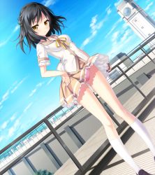 Rule 34 | &gt;:&lt;, 1girl, :&lt;, black hair, blush, clock, clock tower, closed mouth, clothes lift, frown, game cg, hair ornament, hand on own hip, highres, izumi aoi, kneehighs, looking at viewer, natsu uso -ahead of the reminiscence-, panties, pantyshot, pink panties, ribbon, riichu, rooftop, school uniform, short hair, skirt, skirt lift, socks, solo, standing, thigh gap, tower, underwear, uso (campus), v-shaped eyebrows, white socks, wind, wind lift, yellow eyes