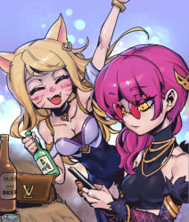 Rule 34 | 2girls, :d, ahri (league of legends), animal ears, bag, bare shoulders, black bodysuit, blush, bodysuit, bottle, bracelet, breasts, claw ring, cleavage, closed eyes, closed mouth, covered navel, detached sleeves, evelynn (league of legends), fangs, fox ears, fur trim, hair ornament, holding, holding phone, jewelry, k/da (league of legends), k/da ahri, k/da evelynn, large breasts, league of legends, long hair, medium hair, multiple girls, open mouth, phantom ix row, phone, pink hair, short sleeves, smile, sunglasses, teeth, tinted eyewear, tongue