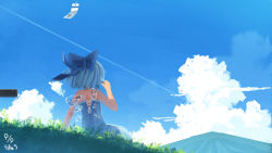 Rule 34 | 1girl, alternate costume, bare shoulders, blue hair, bow, cirno, cloud, day, dress, food, hair bow, ice, ice wings, outdoors, popsicle, shinonome ukyu, short hair, sitting, sky, solo, touhou, wings