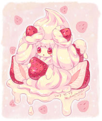 Rule 34 | alcremie, alcremie (strawberry sweet), alcremie (vanilla cream), commentary, creature, creatures (company), dated, english commentary, food, fruit, full body, game freak, gen 8 pokemon, holding, holding food, holding fruit, matchaneko, nintendo, no humans, pink background, pokemon, pokemon (creature), red eyes, signature, solo, strawberry, strawberry background