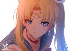 Rule 34 | 1girl, artist name, bishoujo senshi sailor moon, blonde hair, blue eyes, blue sailor collar, choker, circlet, closed mouth, collarbone, commentary, crescent, crescent earrings, derivative work, earrings, heart, heart choker, highres, jewelry, long hair, looking at viewer, meme, parted bangs, red choker, sailor collar, sailor moon, sailor moon redraw challenge (meme), sailor senshi uniform, screenshot redraw, shimmer, shirt, signature, simple background, sleeveless, sleeveless shirt, solo, symbol-only commentary, tsukino usagi, twintails, upper body, white background, white shirt