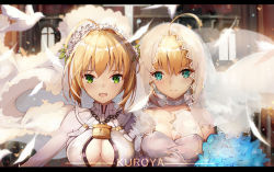 Rule 34 | 10s, 2girls, :d, ahoge, animal, aqua eyes, artoria pendragon (all), artoria pendragon (fate), bare shoulders, bird, blonde hair, blue flower, blurry, bouquet, breasts, chain, choker, cleavage, closed mouth, depth of field, dove, dress, eyebrows, fate/extra, fate/extra ccc, fate (series), feathers, flower, green eyes, hair flower, hair ornament, highres, lace trim, large breasts, letterboxed, light particles, lingyan heiye, lock, looking at viewer, md5 mismatch, medium breasts, multiple girls, nero claudius (bride) (fate), nero claudius (fate), nero claudius (fate) (all), open mouth, padlock, saber (fate), saber (royal dress) (fate), saber lily, see-through, side-by-side, smile, strapless, upper body, veil, white dress, white flower
