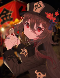 Rule 34 | 1girl, :o, absurdres, baozi, black dress, black hat, blush, brown hair, dress, festival, flower, food, food stand, genshin impact, hair between eyes, hat, highres, holding, holding food, hu tao (genshin impact), jewelry, long hair, long sleeves, looking at viewer, night, red eyes, ring, solo, symbol-shaped pupils, user tcgc4528
