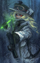 Rule 34 | 1girl, blonde hair, coat, flare, gloves, goggles, gun, handgun, hat, highres, holding, holding gun, holding weapon, jacket, lm7 (op-center), long sleeves, looking at viewer, original, pistol, red eyes, snow, solo, tree, upper body, weapon, white jacket