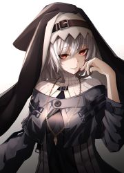Rule 34 | 1girl, arknights, black capelet, black dress, black headwear, breasts, buckle, capelet, commentary request, dress, gradient background, grey background, habit, hair between eyes, hand on own cheek, hand on own face, hand up, highres, jewelry, kureneko, long hair, long sleeves, looking at viewer, necklace, nun, off-shoulder dress, off shoulder, parted lips, red eyes, silver hair, small breasts, smile, solo, specter (arknights), white background, yandere