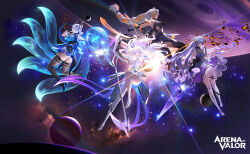 Rule 34 | 4girls, absurdres, alternate costume, arena of valor, black gloves, black ribbon, black thighhighs, blue hair, braid, breasts, cleavage, clothing cutout, diaochan (arena of valor), dress, earrings, floating, galaxy, gloves, grey hair, headgear, high heels, highres, holding, holding weapon, hyulla, jewelry, large breasts, lens flare, liliana (arena of valor), long hair, looking at viewer, medium breasts, multicolored hair, multiple girls, multiple tails, official alternate costume, official art, planet, ribbon, see-through, see-through cleavage, see-through legwear, short dress, sinestrea (arena of valor), skindentation, space, star (sky), tail, thick thighs, thigh strap, thighhighs, thighs, waist cutout, weapon, white gloves, white hair, white thighhighs, yena (arena of valor)