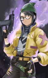 Rule 34 | 1girl, absurdres, animification, beanie, belt, black gloves, black hair, black pants, brown eyes, commentary request, ear piercing, fengling (furin-jp), glasses, gloves, green hat, gun, hair behind ear, hat, highres, holding, holding gun, holding weapon, jacket, killjoy (valorant), long hair, looking at viewer, pants, partially fingerless gloves, piercing, round eyewear, solo, turtleneck, valorant, weapon, yellow belt, yellow jacket