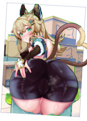 Rule 34 | 1girl, absurdres, animal ears, artist request, ass, ass grab, bare shoulders, bike shorts, blush, box, breasts, bridal gauntlets, cameltoe, cat ears, cat tail, deep skin, from behind, genshin impact, green eyes, green hair, hair ornament, hairclip, highres, huge ass, kirara (genshin impact), leaning, leaning forward, long hair, looking at viewer, looking back, medium breasts, multiple tails, parted lips, short shorts, shorts, sideboob, smile, solo, steaming body, tail, very long hair