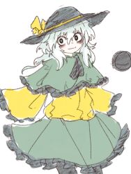 Rule 34 | 1girl, black hat, black pantyhose, blouse, bow, bright pupils, capelet, closed mouth, cowboy shot, eyeball, frilled capelet, frilled skirt, frilled sleeves, frills, green capelet, green eyes, green skirt, hat, hat bow, hat ribbon, highres, komeiji koishi, light green hair, light smile, long sleeves, looking to the side, medium hair, pantyhose, reverinth, ribbon, shirt, simple background, sketch, skirt, solo, third eye, touhou, wavy hair, wavy mouth, white background, wide sleeves, yellow bow, yellow ribbon, yellow shirt