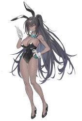 Rule 34 | 1girl, absurdres, animal ears, bare shoulders, black footwear, black hair, black leotard, blue archive, blue bow, blue bowtie, blush, bow, bowtie, breasts, brown eyes, cleavage, closed mouth, commentary, dark-skinned female, dark-skinned male, dark skin, echj, english commentary, fake animal ears, fishnet pantyhose, fishnets, full body, gloves, hair between eyes, hand on own hip, hand up, high heels, highres, karin (blue archive), karin (bunny) (blue archive), large breasts, leotard, long hair, pantyhose, playboy bunny, ponytail, rabbit ears, shoes, solo, very long hair, white gloves