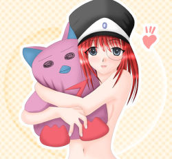 Rule 34 | 00s, 1girl, broccoli (company), completely nude, female focus, forte stollen, galaxy angel, hat, hug, hug from behind, monocle, normad, peaked cap, red hair, solo, stuffed toy, topless frame, upper body