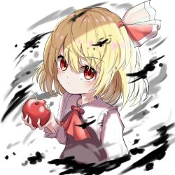 Rule 34 | 1girl, apple, ascot, black vest, blonde hair, blush, closed mouth, commentary, darkness, dot nose, food, fruit, hair between eyes, hair ribbon, highres, holding, holding food, holding fruit, kayon (touzoku), long sleeves, looking at viewer, red ascot, red eyes, red ribbon, ribbon, rumia, shirt, short hair, touhou, upper body, vest, white shirt