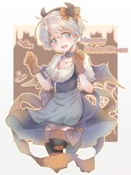 Rule 34 | 1girl, apron, bad id, bad pixiv id, blouse, blue dress, blue eyes, brown gloves, brown thighhighs, commentary request, cowboy shot, demon girl, demon horns, demon tail, dirndl, dress, fake horns, german clothes, gloves, happy halloween, highres, horns, kantai collection, karin bluez3, looking at viewer, pinafore dress, puffy short sleeves, puffy sleeves, shirt, short hair, short sleeves, silver hair, sleeveless dress, smile, solo, tail, thighhighs, waist apron, z1 leberecht maass (kancolle)