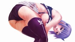 Rule 34 | 1girl, areola slip, ass, ayane (doa), bent over, breasts, clothes lift, dead or alive, female focus, headband, highres, large breasts, lunalu9, panties, purple hair, red eyes, short hair, skirt, skirt lift, solo, sweat, thighhighs, underwear