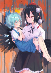 Rule 34 | 2girls, barefoot, black hair, black ribbon, black skirt, blue bow, blue dress, blue eyes, blue hair, blush, bow, carrying, cirno, commentary request, cowboy shot, crown, dress, eye contact, hair between eyes, hair bow, hair ornament, hairclip, hands on own chest, hat, highres, ice, ice wings, looking at another, mini crown, miniskirt, multiple girls, neck ribbon, open mouth, petticoat, pinafore dress, pointy ears, pom pom (clothes), princess carry, puffy short sleeves, puffy sleeves, red eyes, ribbon, roke (taikodon), shameimaru aya, shirt, short hair, short sleeves, skirt, sleeveless dress, standing, tassel, tokin hat, touhou, white shirt, wings, yuri