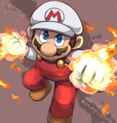 Rule 34 | 1boy, blue eyes, boots, brown footwear, brown hair, clenched hands, facial hair, fire, fire mario, gloves, hat, looking at viewer, mario, mario (series), nintendo, overalls, red overalls, shirt, short hair, simple background, super mario bros. 1, white gloves, white headwear, white shirt, ya mari 6363