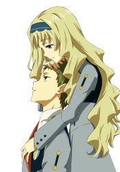 Rule 34 | 10s, 1boy, 1girl, behind another, blonde hair, blue eyes, brown hair, couple, cowboy shot, darling in the franxx, from side, green eyes, grey jacket, grey skirt, hachi kou, hairband, hand on another&#039;s head, hetero, jacket, kokoro (darling in the franxx), long hair, long sleeves, looking at another, looking down, looking up, mitsuru (darling in the franxx), parted lips, school uniform, shirt, simple background, skirt, smile, standing, upper body, very long hair, white background, white shirt