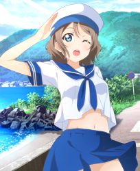Rule 34 | 10s, 1girl, bad id, bad pixiv id, blue eyes, blurry, blurry background, brown hair, hat, highres, kuusuke (yo suke39), looking at viewer, love live!, love live! school idol festival, love live! school idol project, love live! sunshine!!, mountain, navel, official style, one eye closed, open mouth, pleated skirt, school uniform, serafuku, short hair, signpost, skirt, solo, watanabe you, wind, wind lift